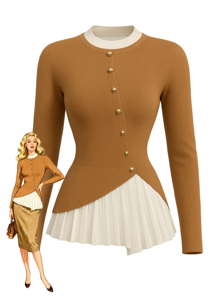 Haut en maille patchwork à boutons irréguliers marron des années 1970