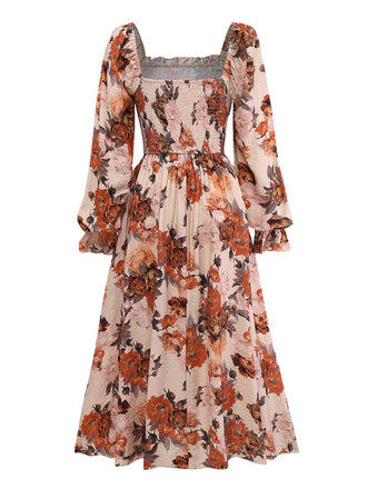 Robe multicolore fleurs manches smockées et cintrées années 1930