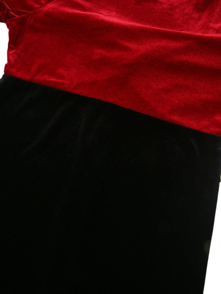 Robe moulanteen velours col en V torsadé rouge et noire des années 1960