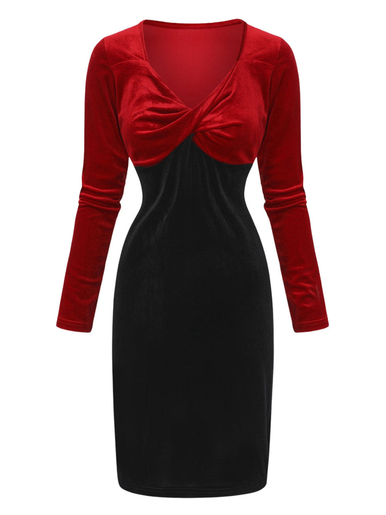 Robe moulanteen velours col en V torsadé rouge et noire des années 1960