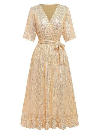 Robe col en V et ourlet à volants et paillettes des années 1930