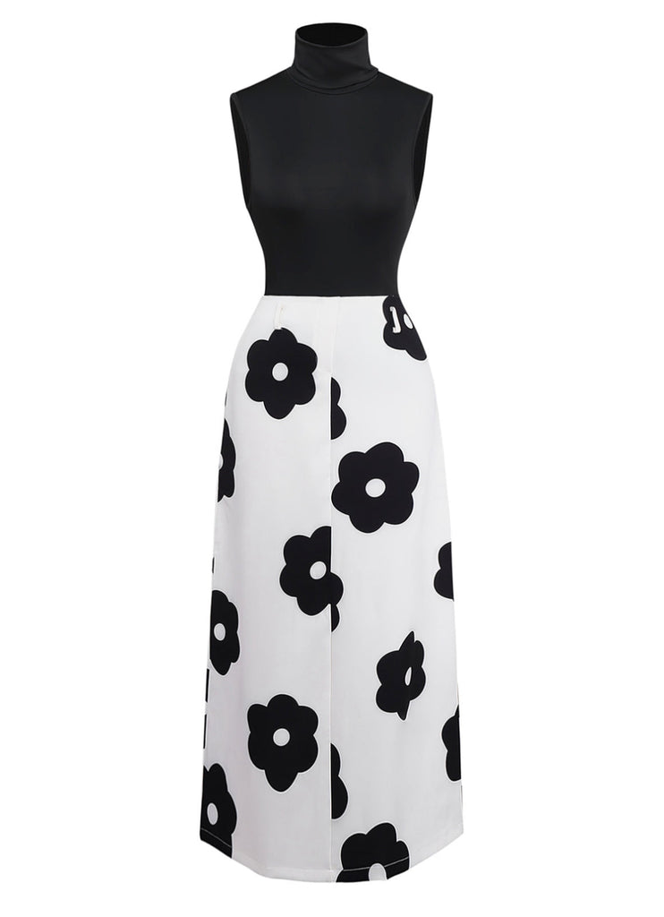 2PCS haut col roulé noir et jupe fleurie années 30