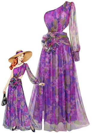 Robe de soirée violette une épaule en résille ornée de fleurs 3D années 1930