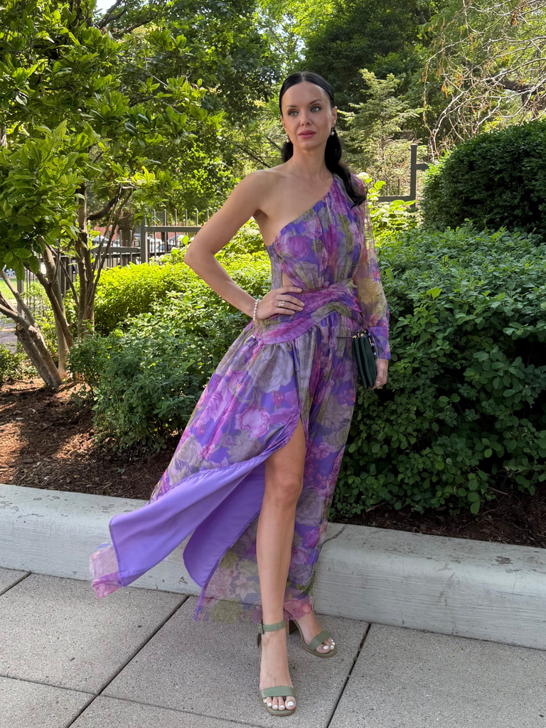 Robe de soirée violette une épaule en résille ornée de fleurs 3D années 1930