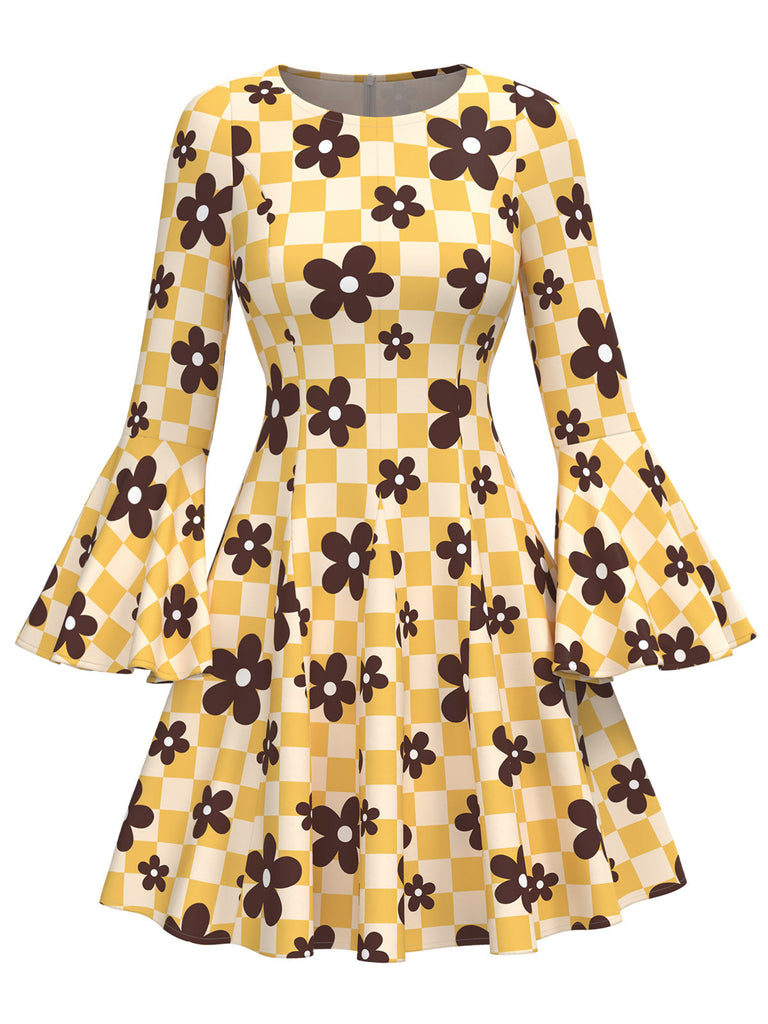 [Prévente] Robe jaune hippie à fleurs manches cloche des années 70