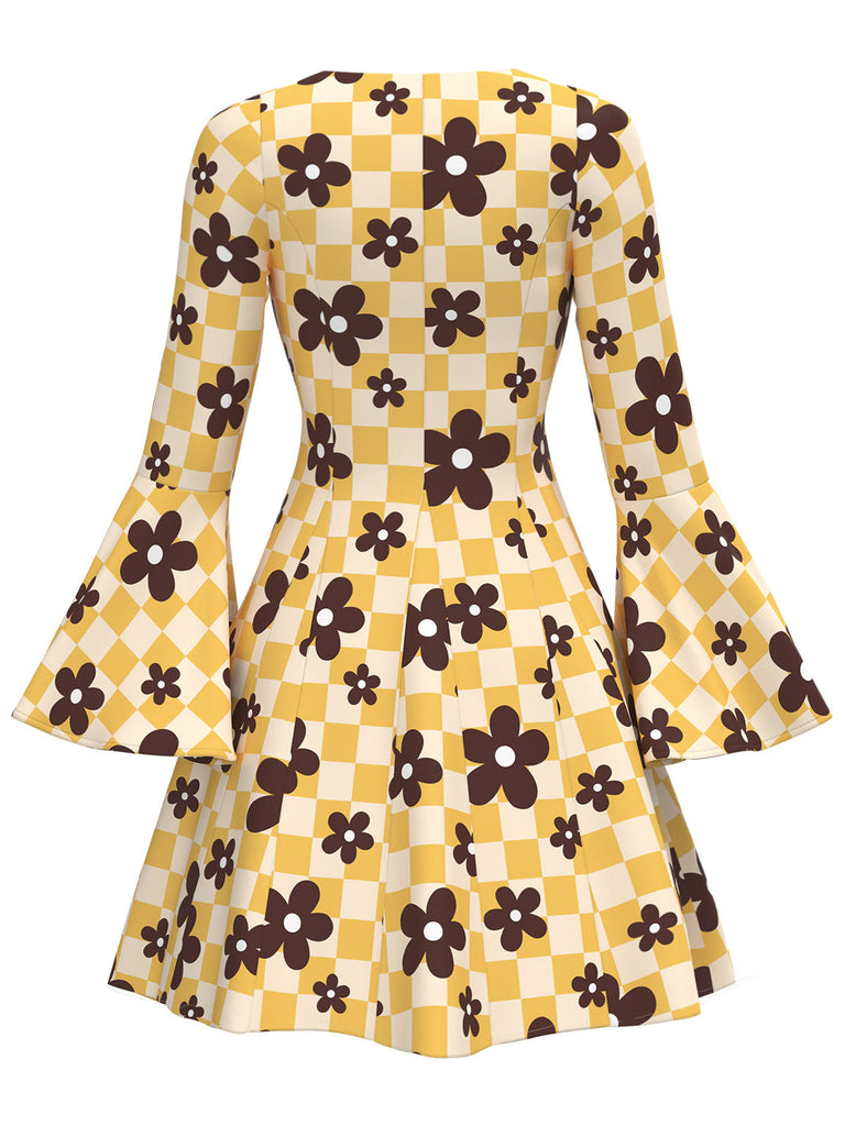 [Prévente] Robe jaune hippie à fleurs manches cloche des années 70