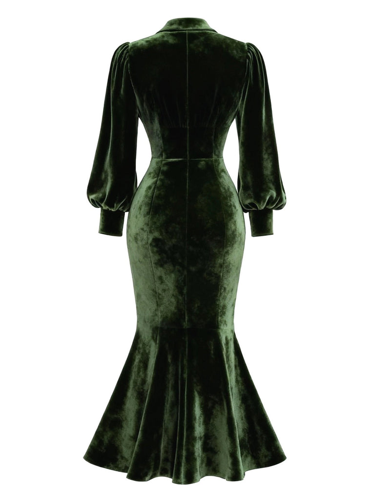 [Prévente] Robe sirène en velours vert ornée de perles manches lanternes années 1930