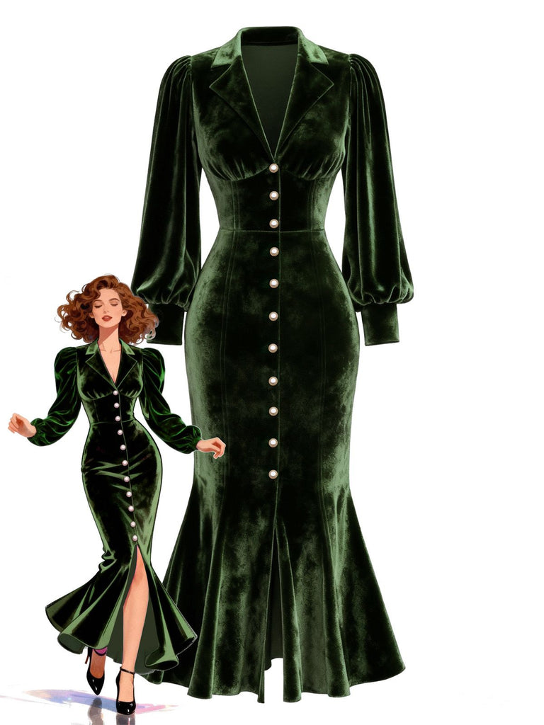 [Prévente] Robe sirène en velours vert ornée de perles manches lanternes années 1930