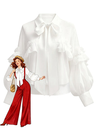 [Prévente] Chemisier blanc col à nœud manches lanternes à volants années 1940