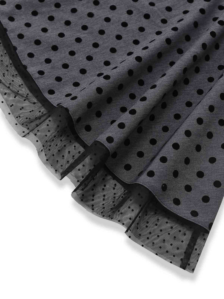[Prévente] Robe Grise à Pois en Patchwork de Maille et Nœud Papillon Années 1960