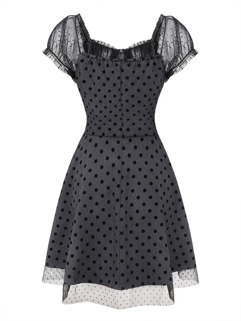 [Prévente] Robe Grise à Pois en Patchwork de Maille et Nœud Papillon Années 1960
