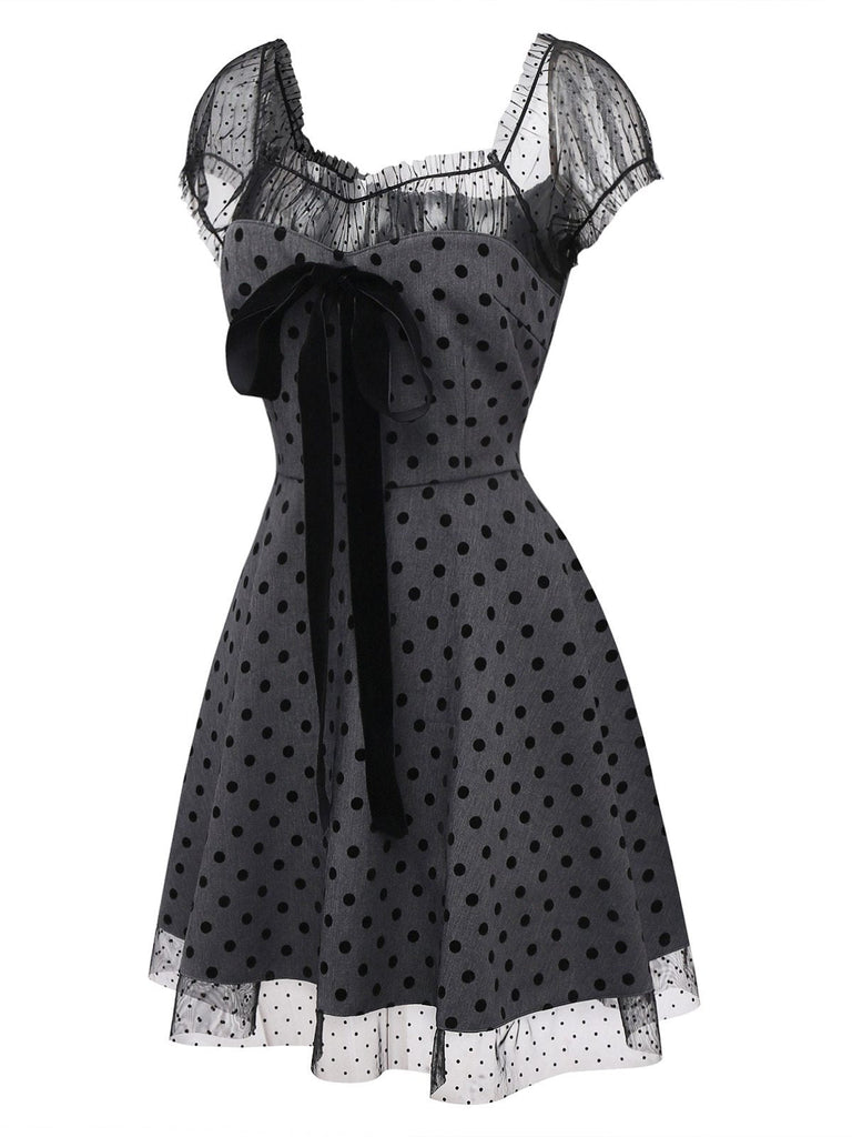 [Prévente] Robe Grise à Pois en Patchwork de Maille et Nœud Papillon Années 1960
