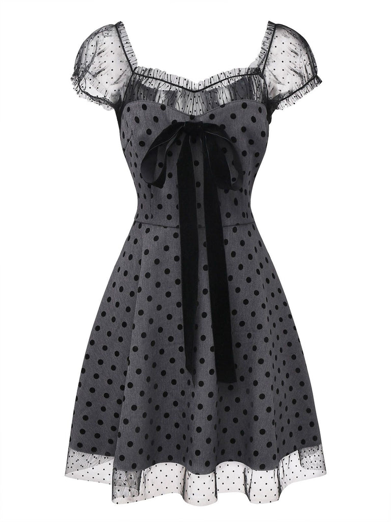 [Prévente] Robe Grise à Pois en Patchwork de Maille et Nœud Papillon Années 1960