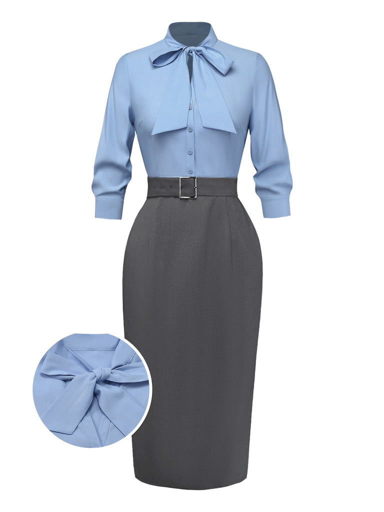 [Prévente] Robe Crayon Bleue à Ceinture et Nœud Papillon Années 1930