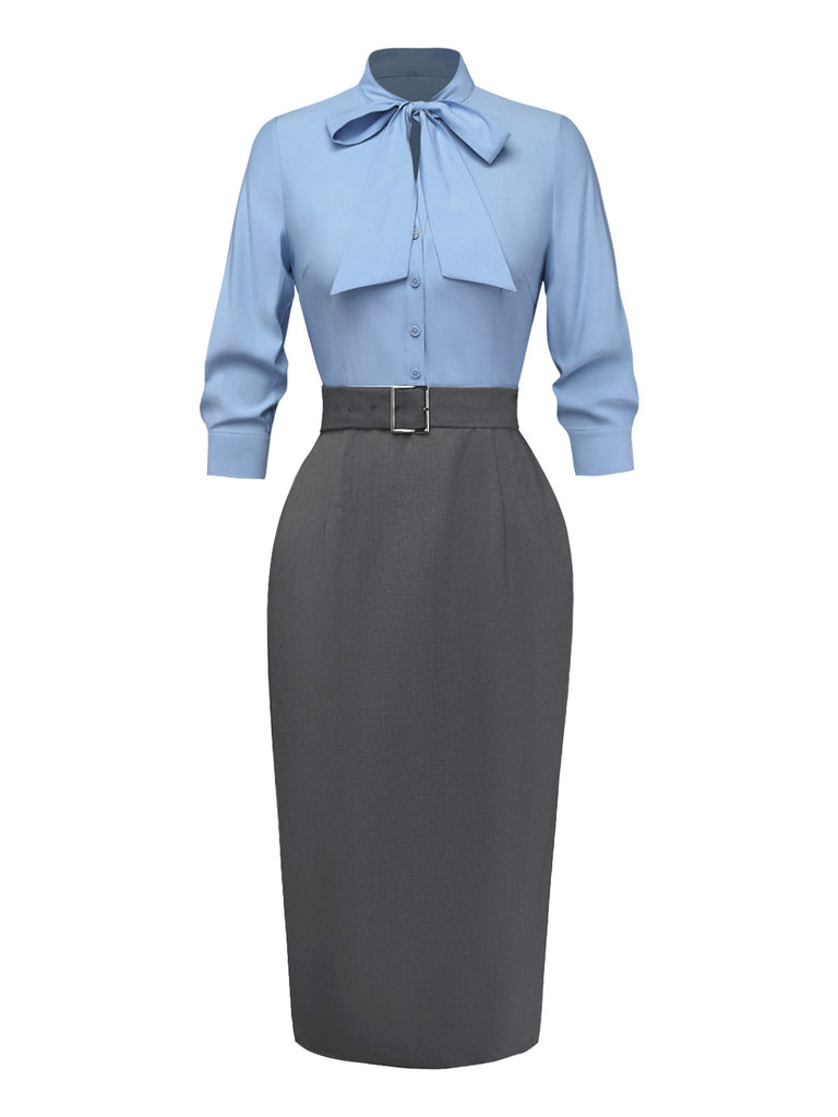 [Prévente] Robe Crayon Bleue à Ceinture et Nœud Papillon Années 1930