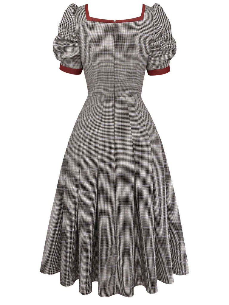 [Prévente] Robe plissée marron nœud et motif pied-de-poule années 1950