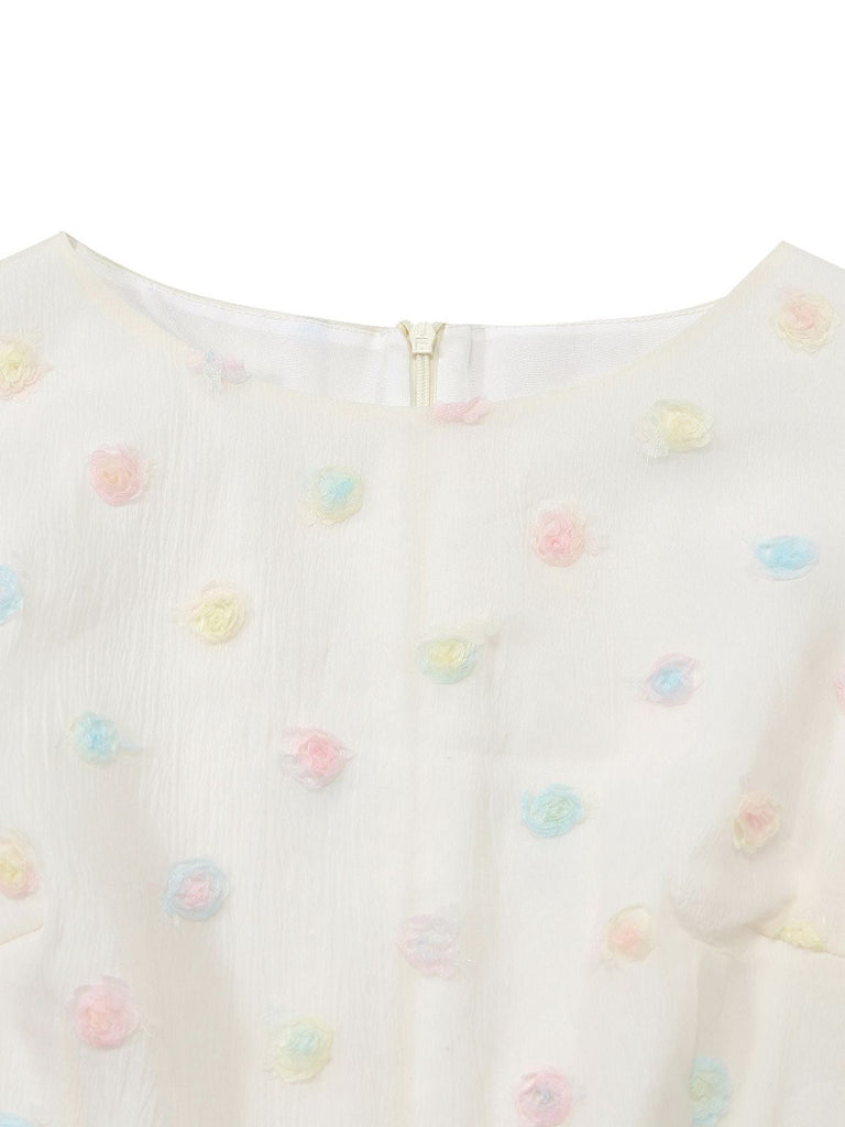 [Prévente] Robe blanche pois floraux 3D et ceinture nœud années 50