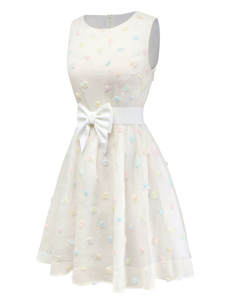[Prévente] Robe blanche pois floraux 3D et ceinture nœud années 50