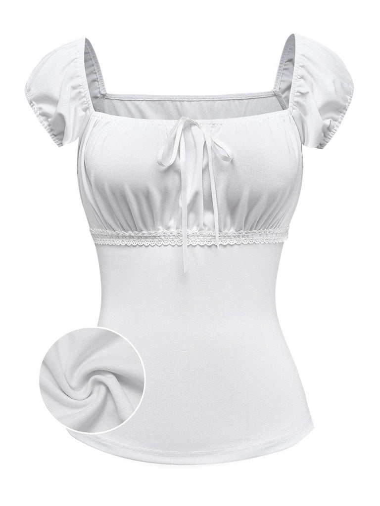 [Prévente] 2PCS Ensemble Haut Blanc Dentelle Ruchée Jupe Jean Bleue Nœud Années 1940