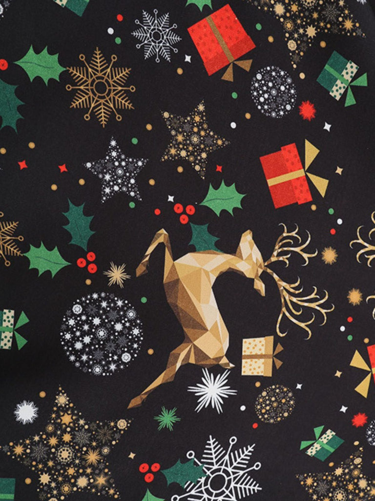 Robe noire imprimé de Noël col à pétales et ceinture années 1950