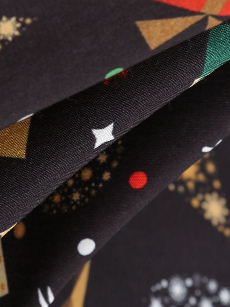 Robe noire imprimé de Noël col à pétales et ceinture années 1950