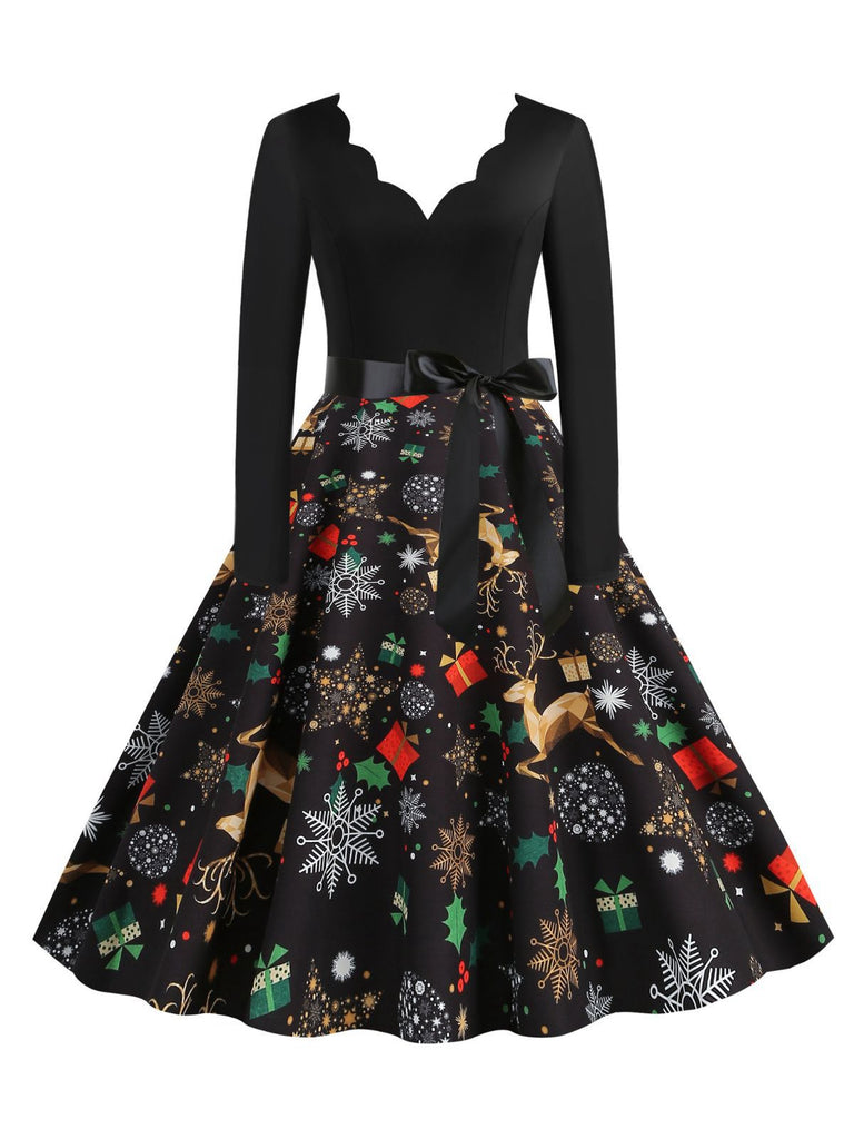 Robe noire imprimé de Noël col à pétales et ceinture années 1950