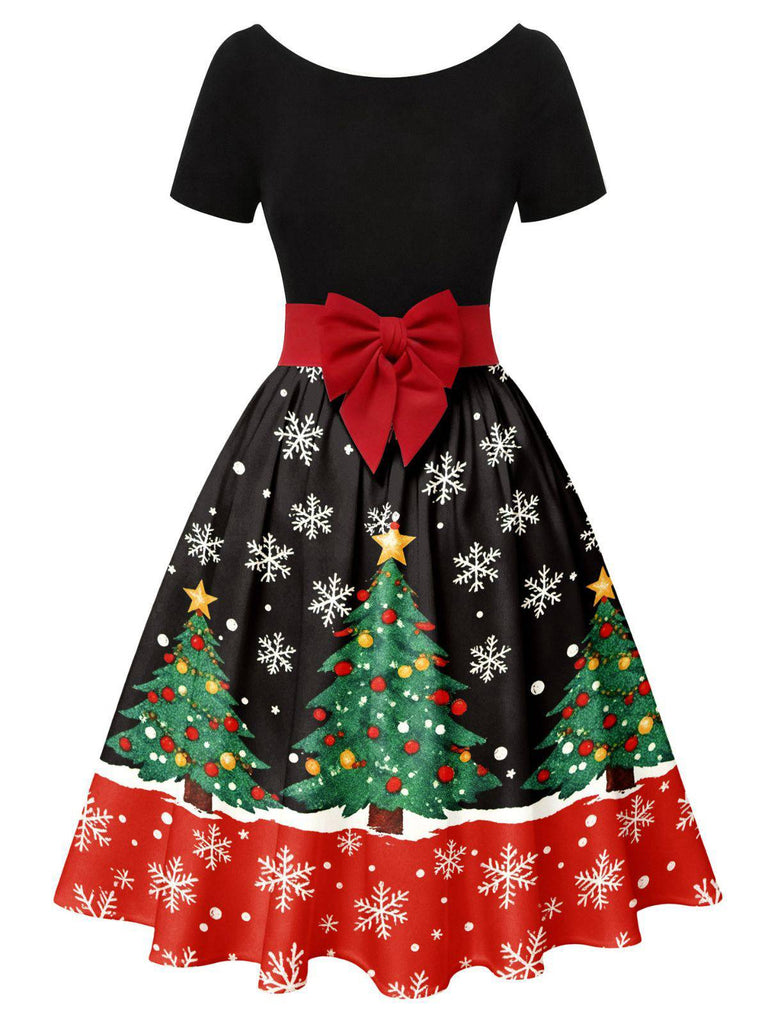 Robe trapèze à nœud et patchwork sapin de Noël années 1950