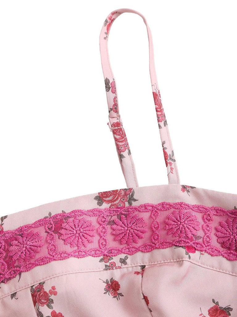 Camisole plissée en patchwork de dentelle florale rose années 1960