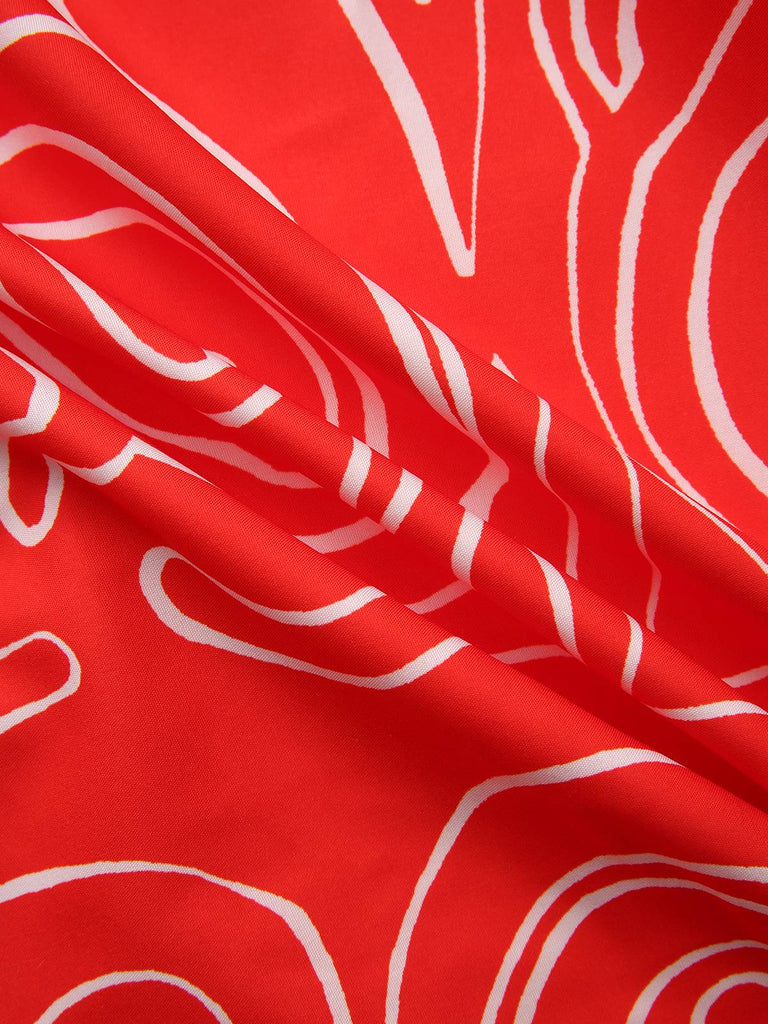 Robe dos nu rouge à imprimé abstrait découpes et torsades années 1960