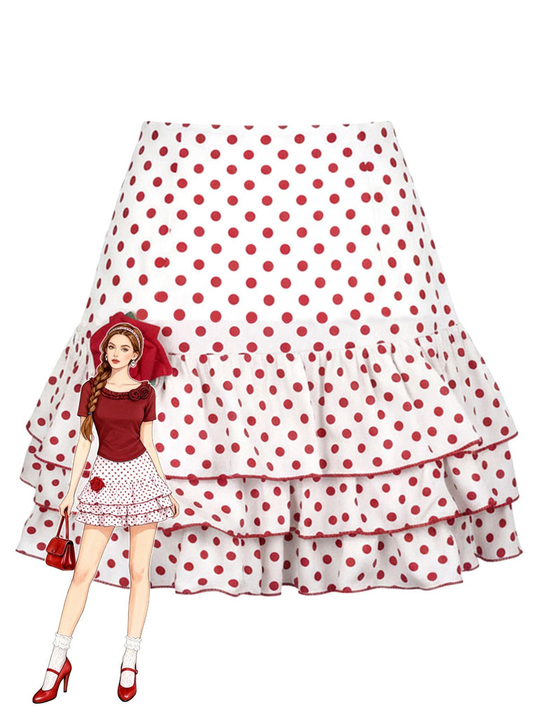 [Prévente] Mini-jupe rouge à pois rose 3D ourlet à volants des années 60