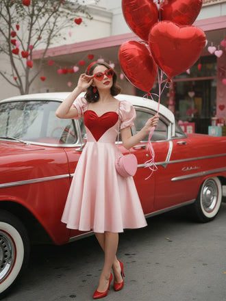 [Prévente] Robe rose  manches bouffantes et décolleté cœur années 50