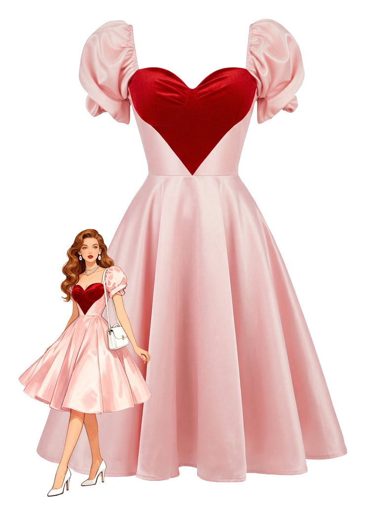 [Prévente] Robe rose  manches bouffantes et décolleté cœur années 50