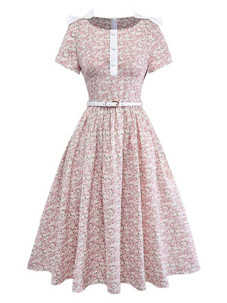 [Prévente] Robe rose petits motifs floraux et ceinture nœud années 40
