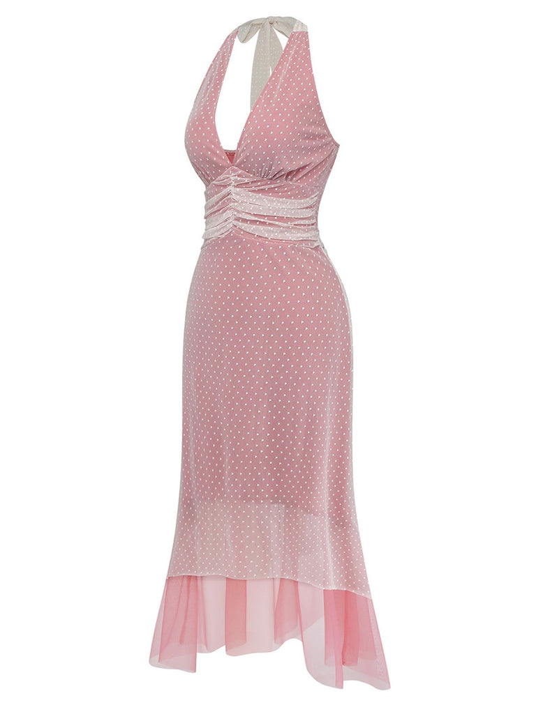 [Prévente] Robe rose poudré à pois col en V années 30