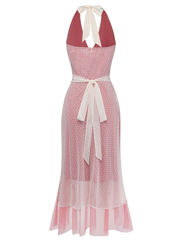 [Prévente] Robe rose poudré à pois col en V années 30