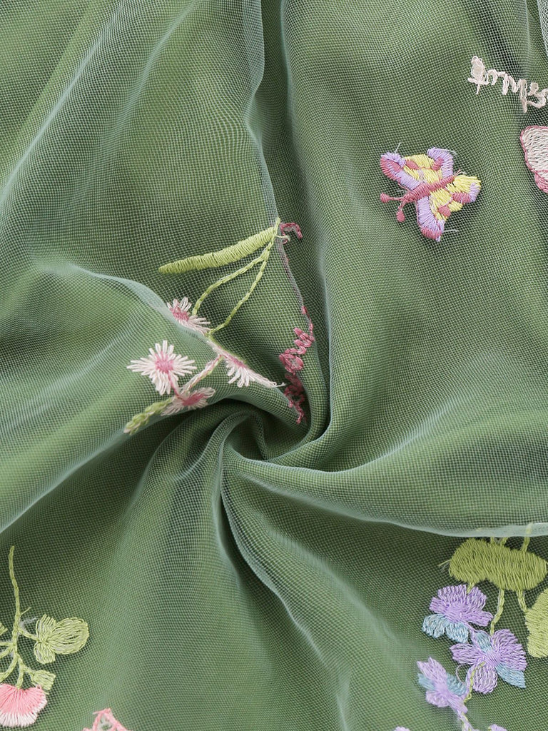 [Prévente] Robe verte manches bouffantes et broderies florales en résille années 50