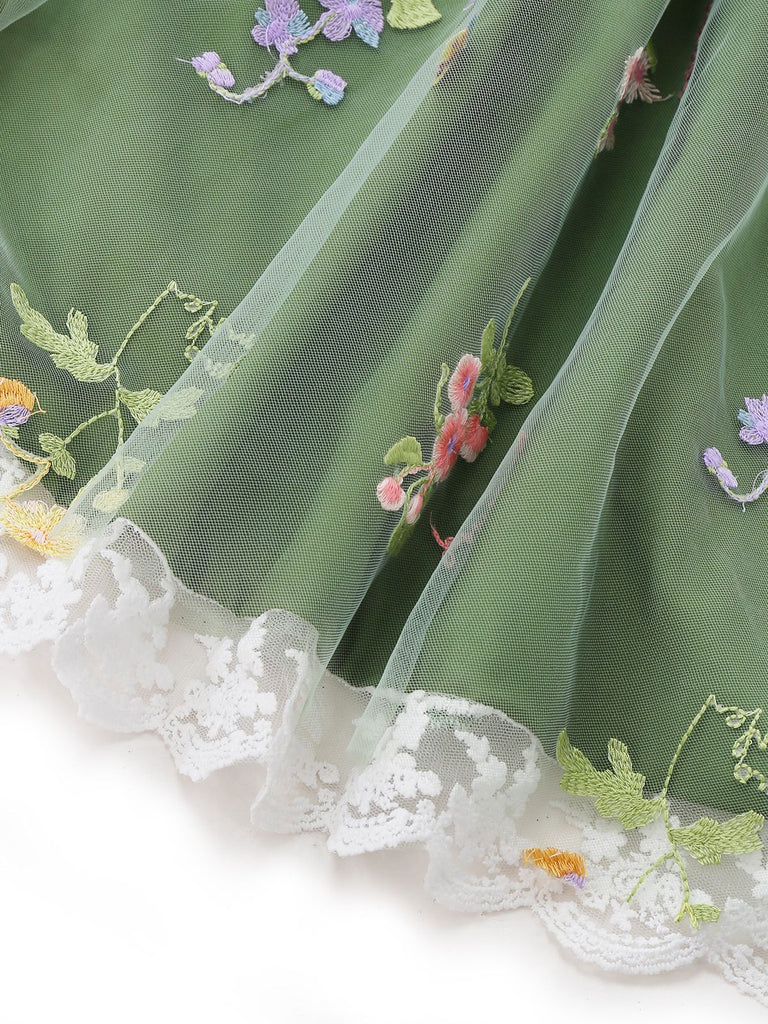 [Prévente] Robe verte manches bouffantes et broderies florales en résille années 50