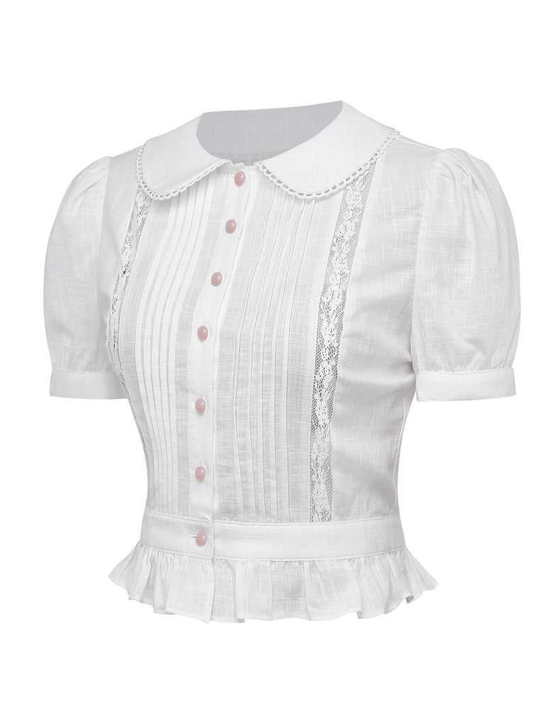 [Prévente] Blouse Blanche Coton Col Claudine Dentelle Plissée Années 1950