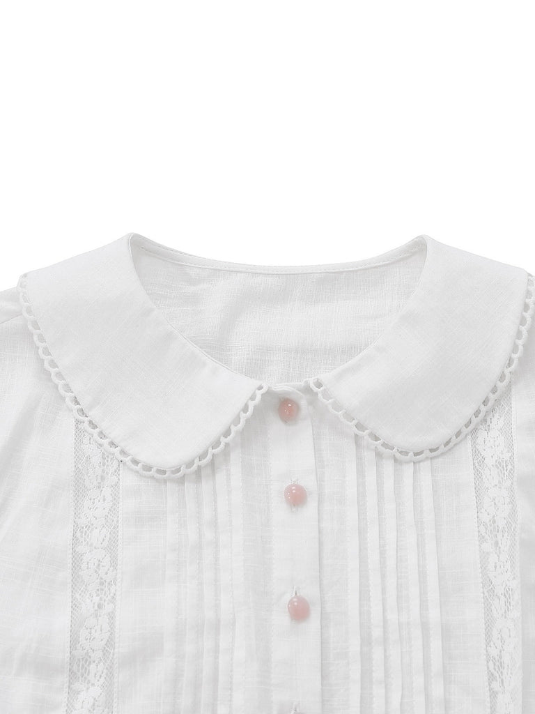 [Prévente] Blouse Blanche Coton Col Claudine Dentelle Plissée Années 1950