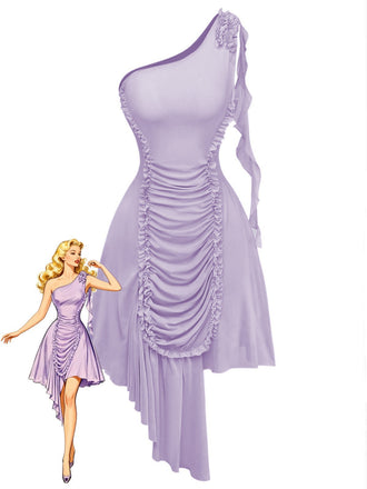 Robe asymétrique violette à volants et à une épaule en maille années 70