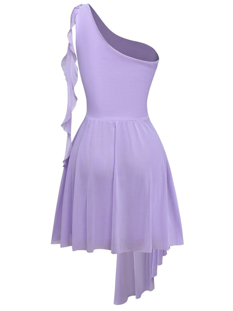 Robe asymétrique violette à volants et à une épaule en maille années 70