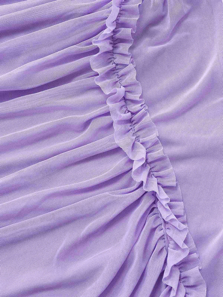 Robe asymétrique violette à volants et à une épaule en maille années 70