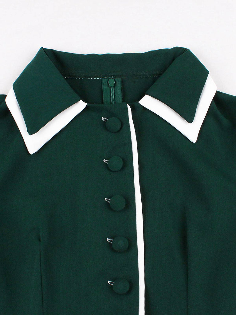 Robe trapèze vert foncé à revers contrastés années 1950