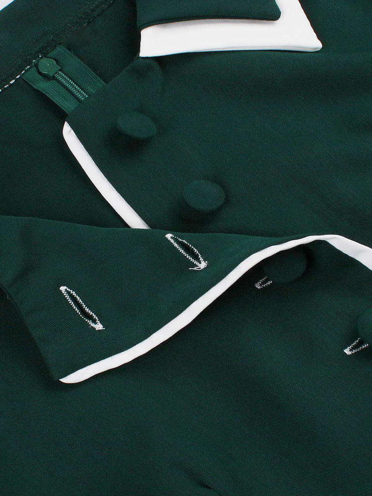 Robe trapèze vert foncé à revers contrastés années 1950