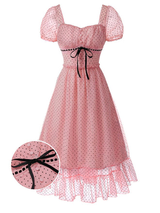 [Prévente] Robe rose pois col carré volants résille 1950s