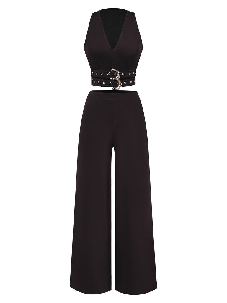 2PCS Ensemble Gilet et Pantalon Solide Col V Profond Ceinturé Années 1950