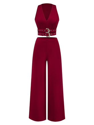 2PCS Ensemble Gilet et Pantalon Solide Col V Profond Ceinturé Années 1950