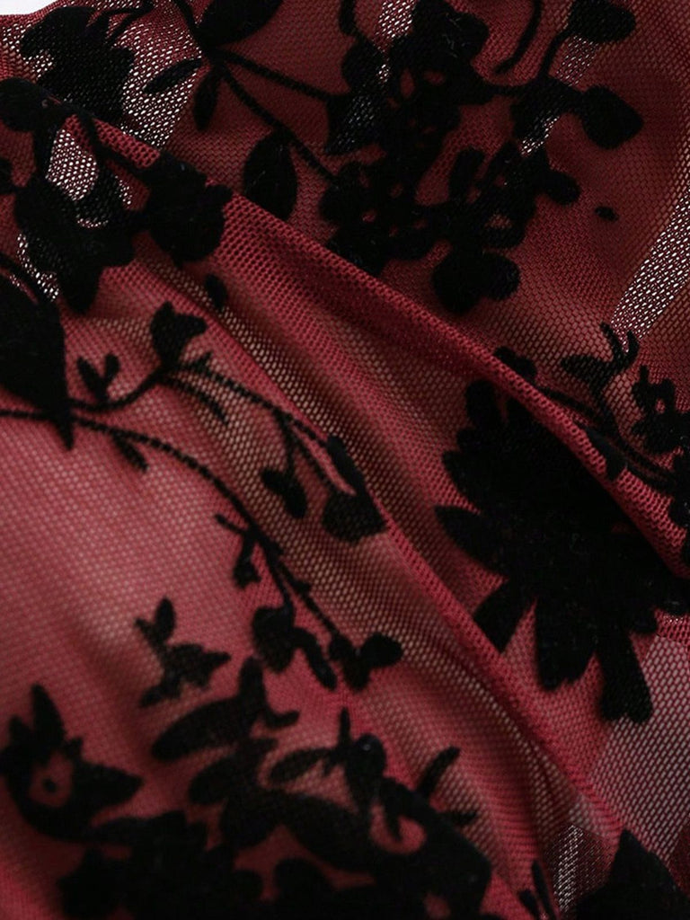 3PCS Ensemble transparent motif floral floqué rouge vin années 1930