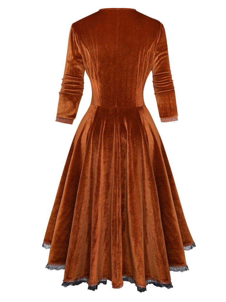 Robe unie marron à revers en velours deux-pièces années 1940