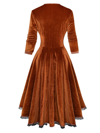 Robe unie marron à revers en velours deux-pièces années 1940